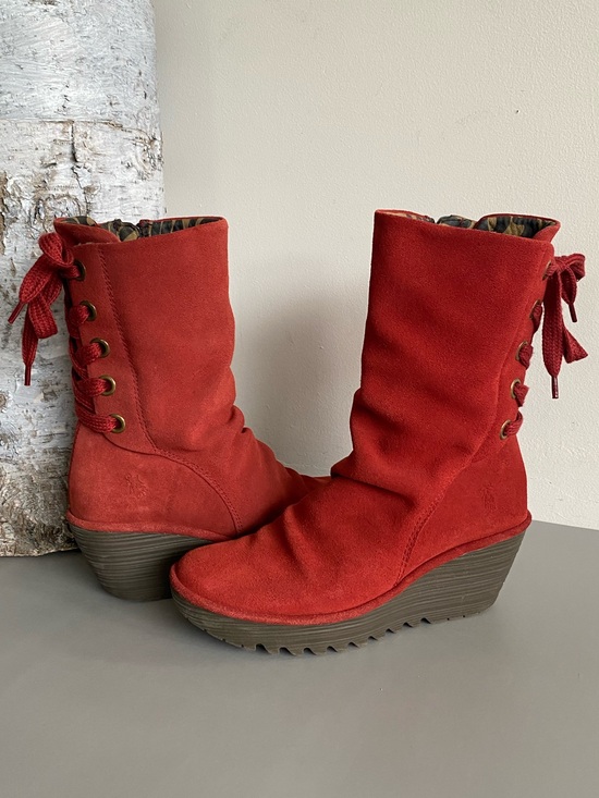 Fly London Shoes - Fly London Yada Red Suede Wedge Mid Calf Boots Lace Up Back Sz 39/ 8.5